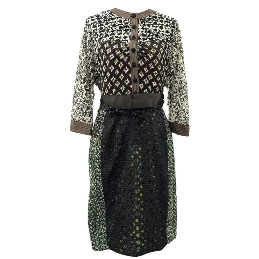 Beguile by Byron Lars Lace Sheath Dress Belted Lined 3/4 Sleeve Sz 8 petite